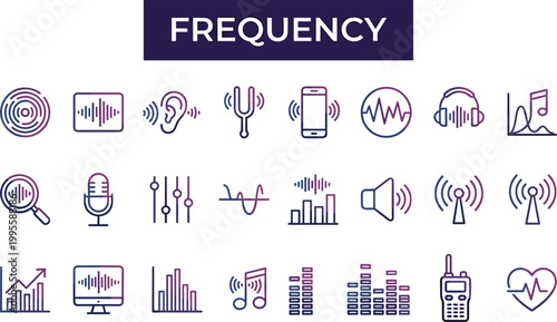 Frequency and audio technology icon set featuring sound waves music controls communication signals and acoustic equipment gradient vector collection