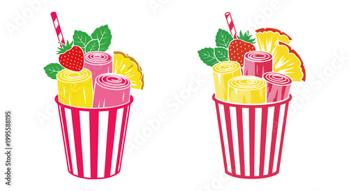 Fresh fruit rolled ice cream cups with strawberry pineapple and mint garnish