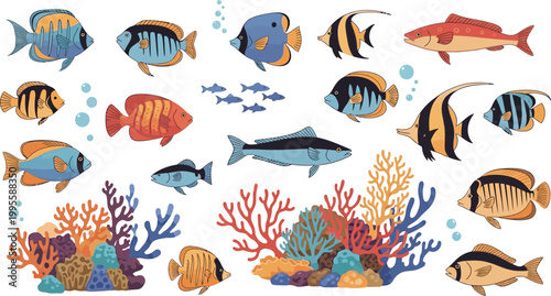 Collection of colorful cartoon fish and coral reef on white background, ocean
