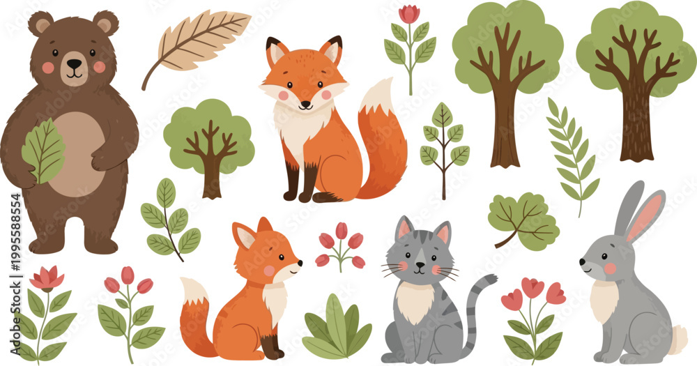Naklejka premium Cute cartoon forest animals, trees, and plants on white background, bear rabbit