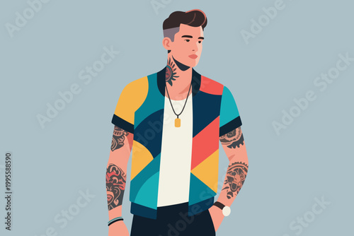 Vector A Tattooed Man in Casual Clothes  Illustration Creative Design Template 