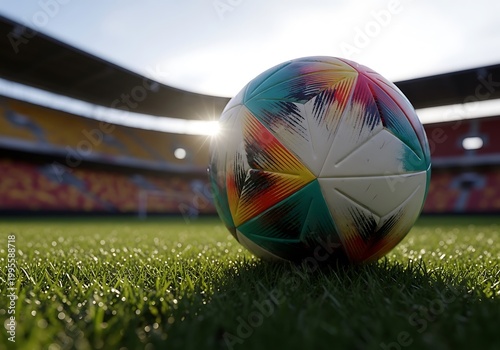 Vibrant Soccer Ball on Stadium Turf with Bright Sunlight Backdrop