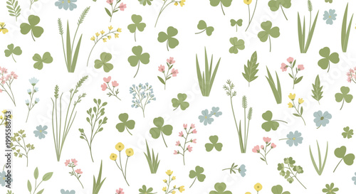 Seamless pattern of green shamrocks, delicate wildflowers, and blades of grass on a white background