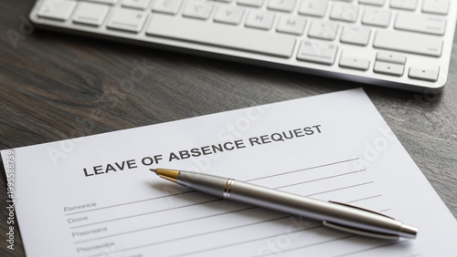 Leave of Absence Request Form – Silver Pen on Wooden Desk for HR Documentation, Employee Vacation Paperwork, and Administrative Processes