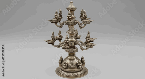 Ornate silver diya oil lamp with multiple tiers a traditional Hindu light fixture with intricate carvings and an antique finish