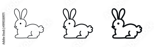 Cute lying rabbit in side view icon in thin, regular, bold outline styles. The design is suitable for children’s themes, Easter celebration, cruelty-free ethical brands. Isolated vector illustration