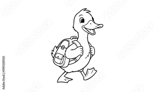 A cartoon duck wearing a backpack and walking with a happy expression.  Coloring page, Black and White Line Art Printable for Kids and Adults.