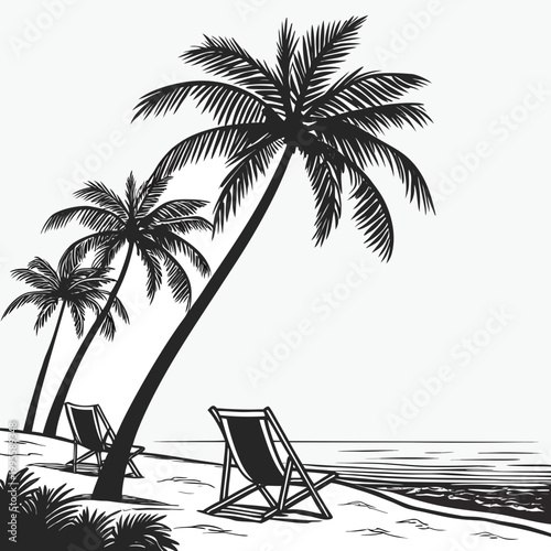Fényképezés A black and white illustration depicts several palm trees swaying over a beach w