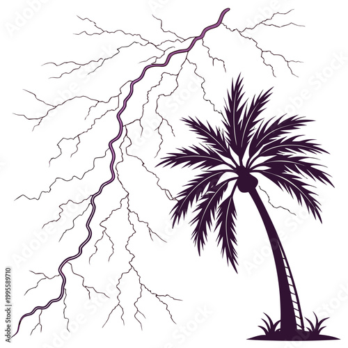 A stylized illustration depicts a purple lightning bolt striking near a silhouetted palm tree evoking a dramatic tropical storm scene high quality professional detailed modern elegant