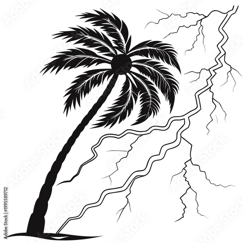 A striking black and white illustration depicts a leaning palm tree dramatically juxtaposed with jagged curving bolts of lightning high quality professional detailed modern elegant stylish
