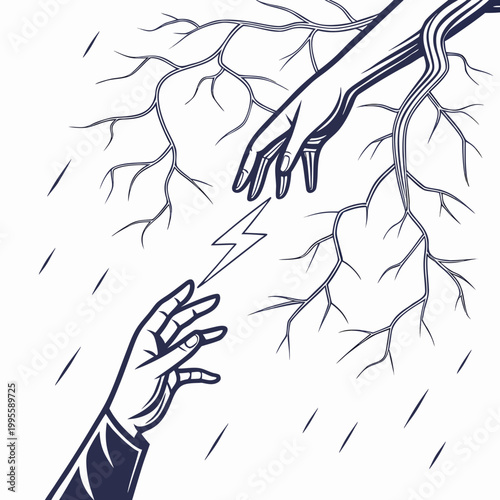 A striking illustration depicts two hands reaching towards each other with an electrical spark bridging the gap amidst a network of branches high quality professional detailed
