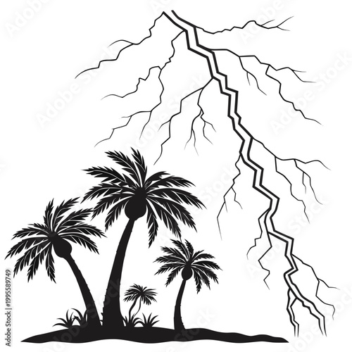 A striking black and white illustration depicts several palm trees silhouetted against a dramatic lightning storm creating a tropical scene high quality professional detailed modern elegant