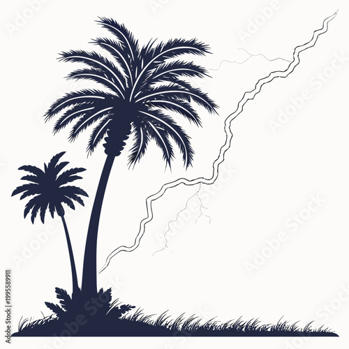 A striking silhouette depicts two palm trees and tall grass dramatically highlighted by a jagged lightning bolt in the sky above high quality professional detailed modern