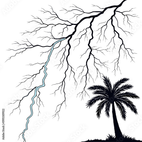 A dramatic illustration depicts a bright blue lightning bolt striking near silhouetted palm trees and bare branches high quality professional detailed modern elegant stylish clean crisp