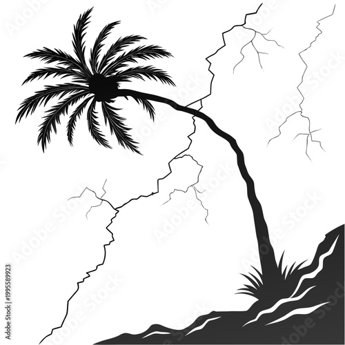 A striking black and white illustration depicts a bending palm tree beside a fractured cliff face showcasing a dramatic tropical scene high quality professional detailed modern
