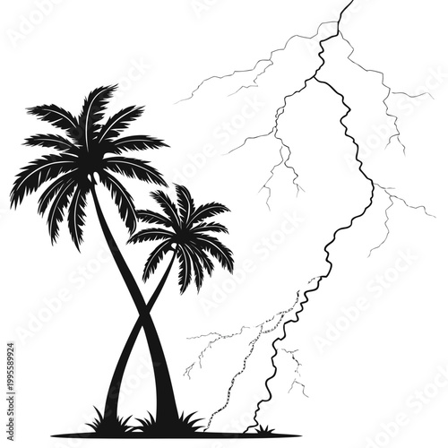 A striking black and white illustration depicts two palm trees silhouetted against a dramatic sky filled with jagged lightning bolts high quality professional detailed modern elegant