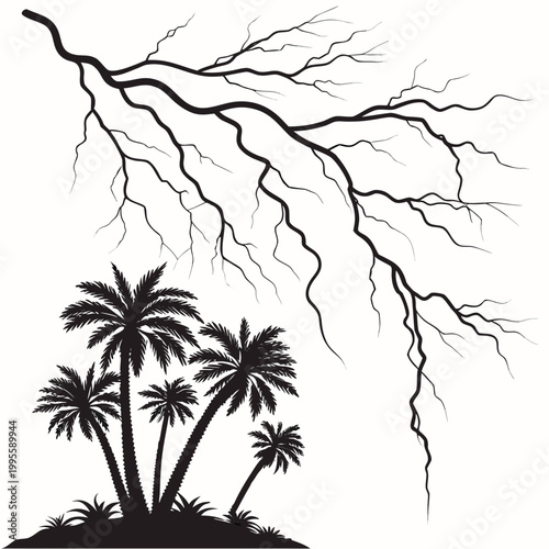 A striking black and white illustration depicts silhouetted palm trees against a backdrop of intricate branching tree limbs and lightning high quality professional detailed modern elegant