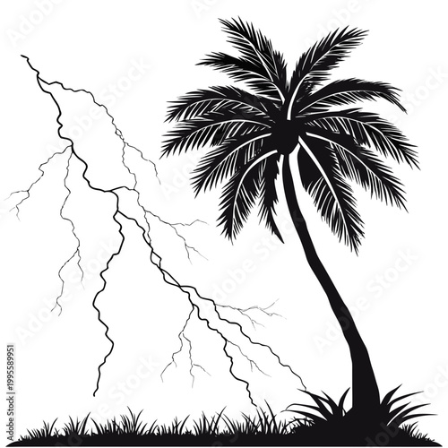 A striking black and white illustration depicts a palm tree dramatically silhouetted against a backdrop of jagged forking lightning high quality professional detailed modern elegant stylish