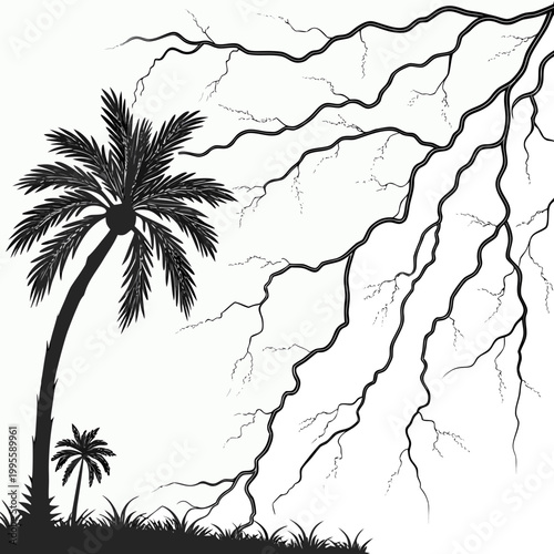 A striking black and white illustration depicts a leaning palm tree silhouetted against a dramatic lightning storm and tropical foliage high quality professional detailed modern elegant