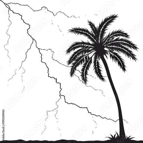 A dramatic black and white illustration depicts a lone palm tree silhouetted against a jagged striking bolt of lightning high quality professional detailed modern elegant stylish