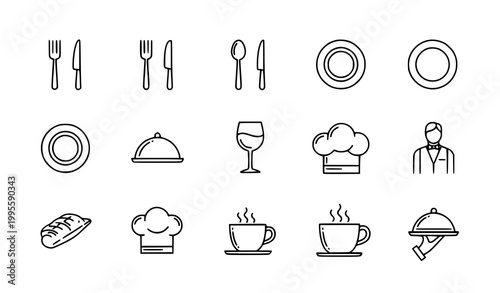 Minimal catering and dining infographic icon vector set with tableware cutlery and service symbols