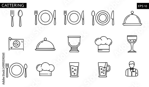 Catering icon vector set with cutlery tableware waiter tray chef hat and dining symbols editable stroke
