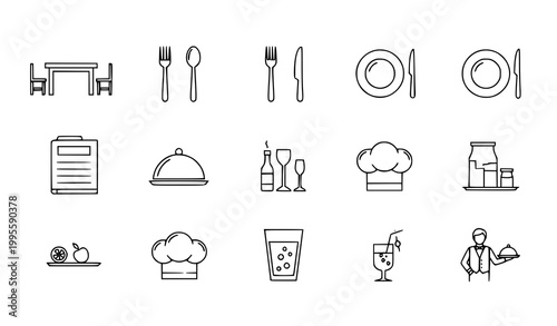 Restaurant service and catering icon vector set with tableware cutlery and food dining symbols
