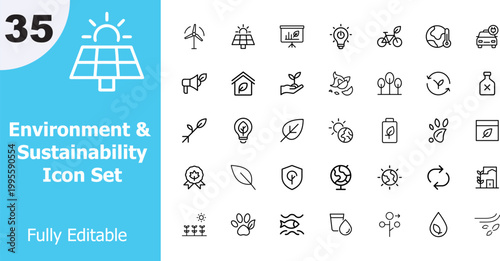 A collection of environment and sustainability related icons in white outline