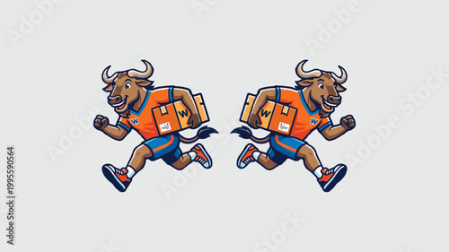 Cartoon bull characters running with packages white background stock market delivery character illustration shipping logistics transport athletic strength muscular business achievement