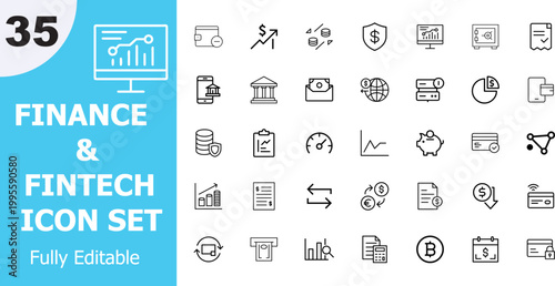 Finance and fintech icon set displayed with various financial symbols