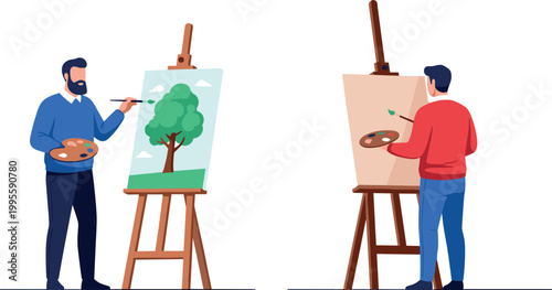 Artist Painting on Easel Illustration with Palette for Creative Expression, Art Studio, and Painting Process Designs