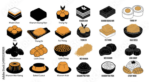 Set of traditional Thai desserts and sweet snacks with labels