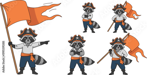 Cute Raccoon Pirate Character Collection Featuring Nautical Captain Outfits, Jolly Roger Hats, and Orange Flags for Children's Storybooks, Games, and Web Design Elements