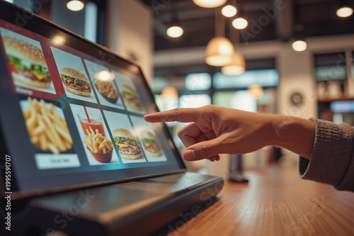 Touchscreen Kiosk Display – Finger Selecting Food from Digital Menu for Modern Retail, Self-Service Ordering Systems and CES Tech Expo Concepts