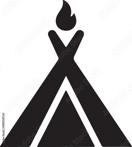 A minimalist black silhouette symbol featuring a stylized teepee or campfire structure with a small flame flickering at the top.