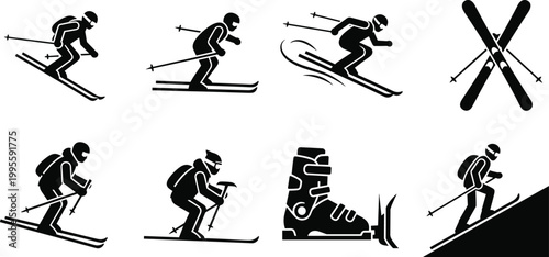 Set of skiing silhouette vector icons featuring downhill skiers, ski equipment, ski boot, and winter sports activities for outdoor adventure, recreation, and design projects