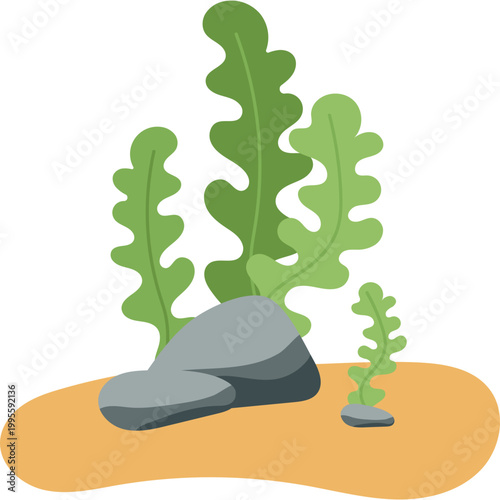 Underwater Seaweed and Grey Rocks Vector Illustration