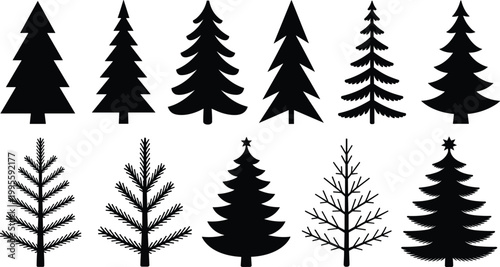 Collection of Black Pine Tree Silhouettes in Various Styles Perfect for Forest and Nature Design and Holiday Projects