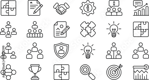 WebCollection of business, teamwork, and productivity line icons featuring puzzle pieces, handshake, documents, charts, gears, shields, trophies, and innovation concepts