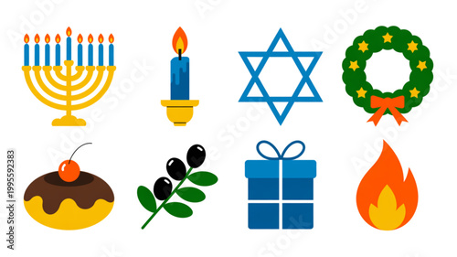 Set of colorful holiday and religious celebration icons with star of david and menorah Vector