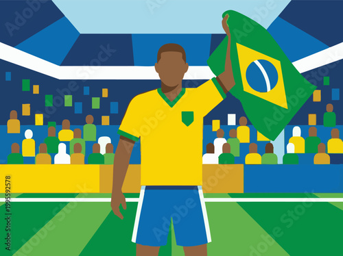 Brazilian soccer player celebrating with national flag in a stadium