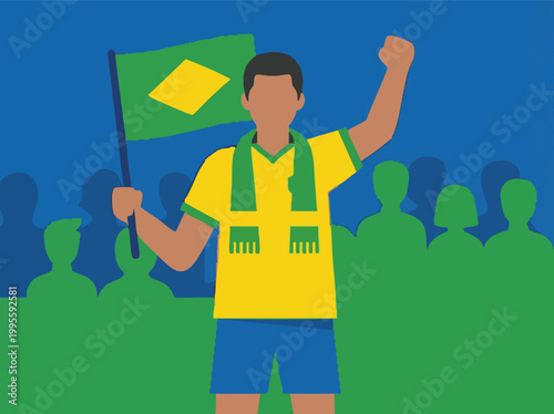 Brazilian fan with flag and scarf cheering in a crowd, sports celebration