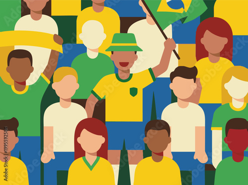 Brazilian soccer fans cheering in a vibrant, diverse crowd with flags