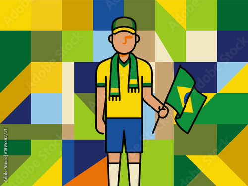 Brazilian Football Fan with Flags on a Geometric Green and Yellow Background