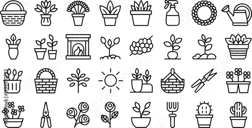WebCollection of gardening and plant care line icons featuring potted plants, flowers, watering cans, pruning tools, spray bottles, and sun symbols