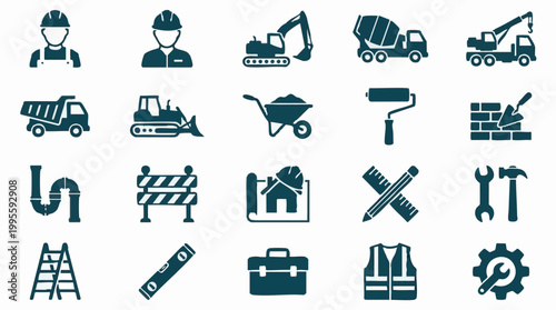 Construction and building work tools and equipment icons set