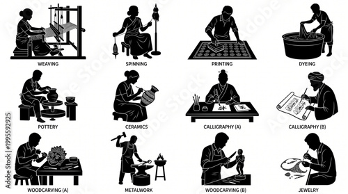 Fotografía Massive collection of traditional artisan silhouettes featuring weavers, potters