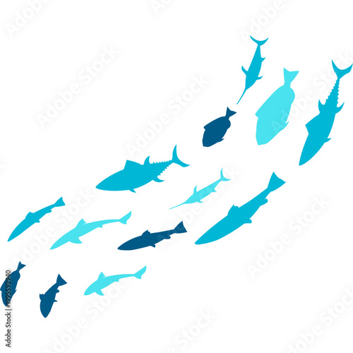 School of Blue Fish Silhouettes Swimming Upwards