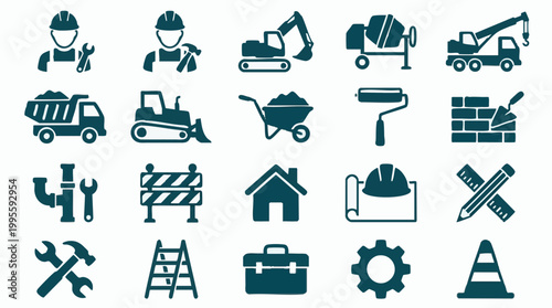 Construction and building industry icons set with tools, workers, and vehicles