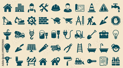 Construction, Building and Home Improvement Industry Vector Icons Set